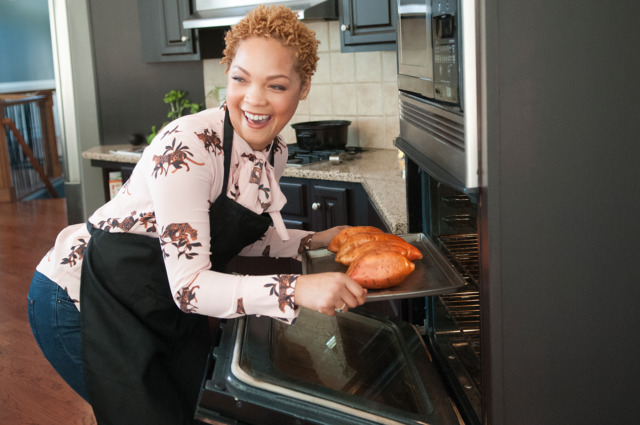 BAKING TIME: After massaging her sweet potatoes with olive oil and spices, Chef Ahki puts them into the oven.